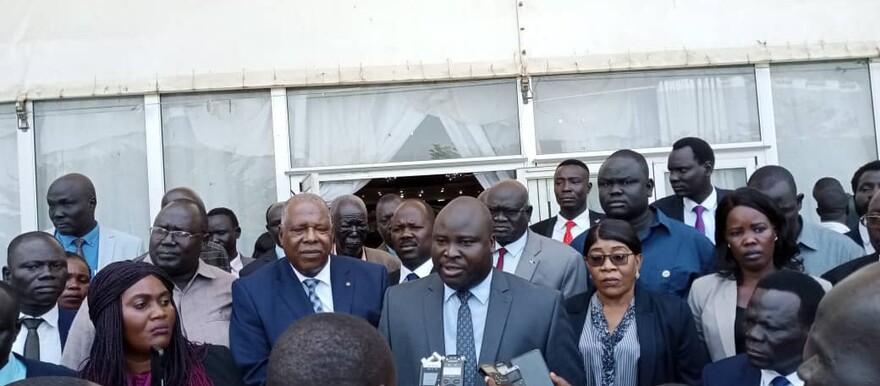 TNLA's First Deputy Speaker Oyet Nathaniel (SPLM-IO) addresses the press about the opposition's boycott of parliamentary sittings on Monday.