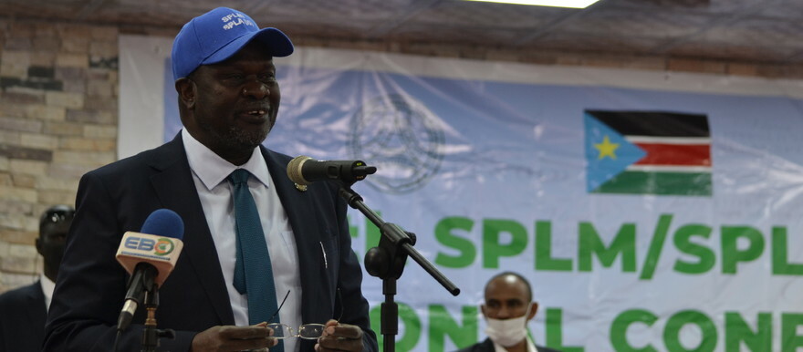 First Vice President and Leader of SPLM/A-IO Dr. Riek Machar addressing participants at the 6th SPLM/A-IO national conference in Juba on 01 Dec. 2020. [Photo: Radio Tamazuj]