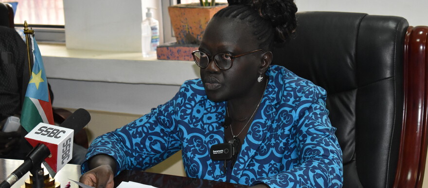 South Sudan Minister of Gender, Child and Social Welfare Aya Benjamin Warille speaking to the press in Juba on 03 March 2023. [Photo: Radio Tamazuj]