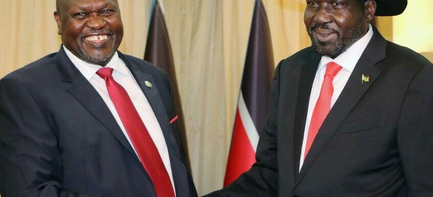 President Salva Kiir and First Vice President Riek Machar shake hands in Juba in October 2019. [Photo: Reuters]