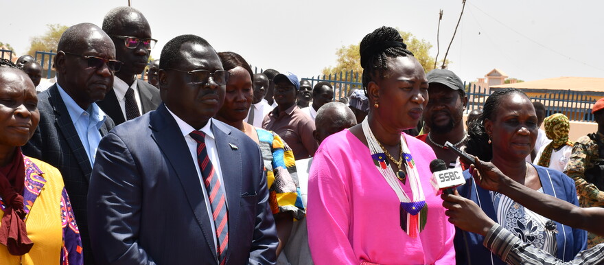 Education minister Awut Deng Achuil and her delegation in Kuajok, Warrap State on 11 March 2023. [Photo: Radio Tamazuj]