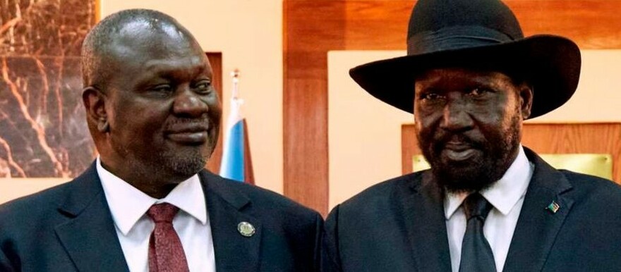 First Vice President Riek Machar with President Salva Kiir at the State House in Juba on February 22, 2020. PHOTO | AFP