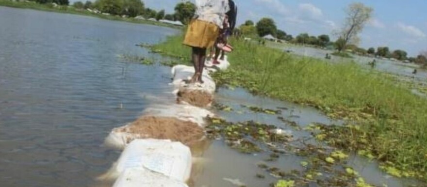 Women walking on a dyke that was overtaken by Nile River waters in Bor. (File photo)
