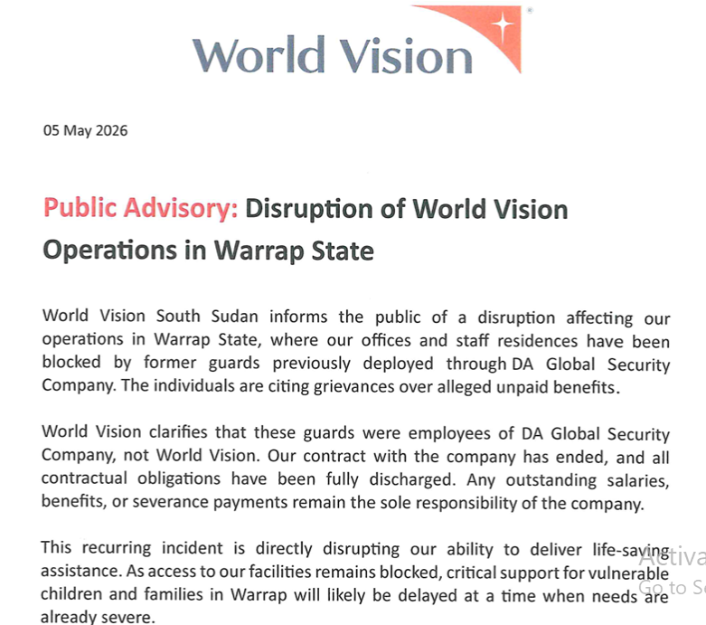World Vision Warrap operations disrupted by dispute with former security guards